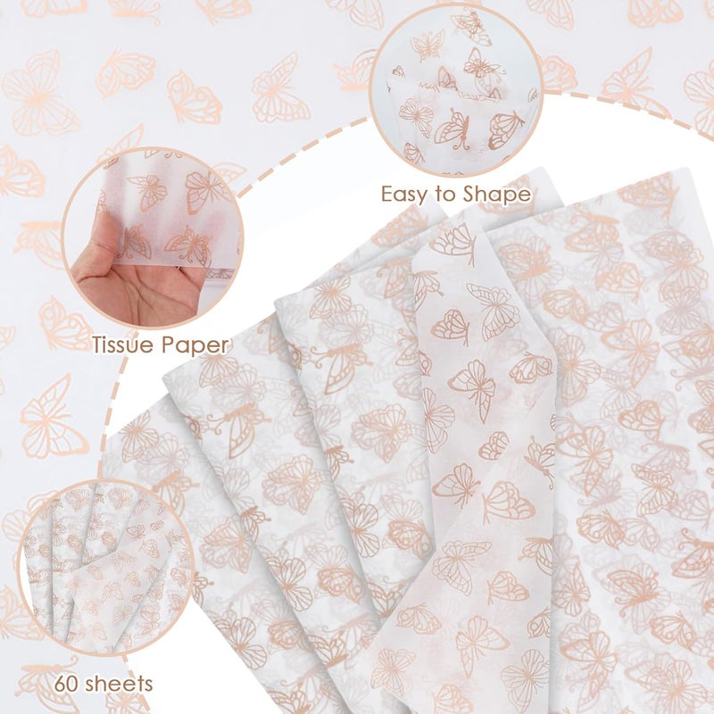 Ethanberg 60 Sheets Gift Wrapping Tissue Paper Bulk, Rose Gold Butterfly Print Tissue Paper for Gift Bags, Decorative Art Papers for DIY Crafts Wedding Birthday Baby Showers Holiday Party Decor, 20x14 Inches - Image 3